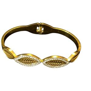 Twin Gold Plated Leaf with Silver Gems Beaded Stainless Steel Bracelet Cuff
